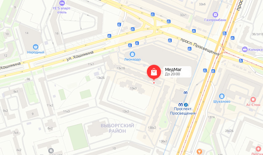Адрес магазина МЕДМАГ в Санкт-Петербурге, метро Проспект Просвещения